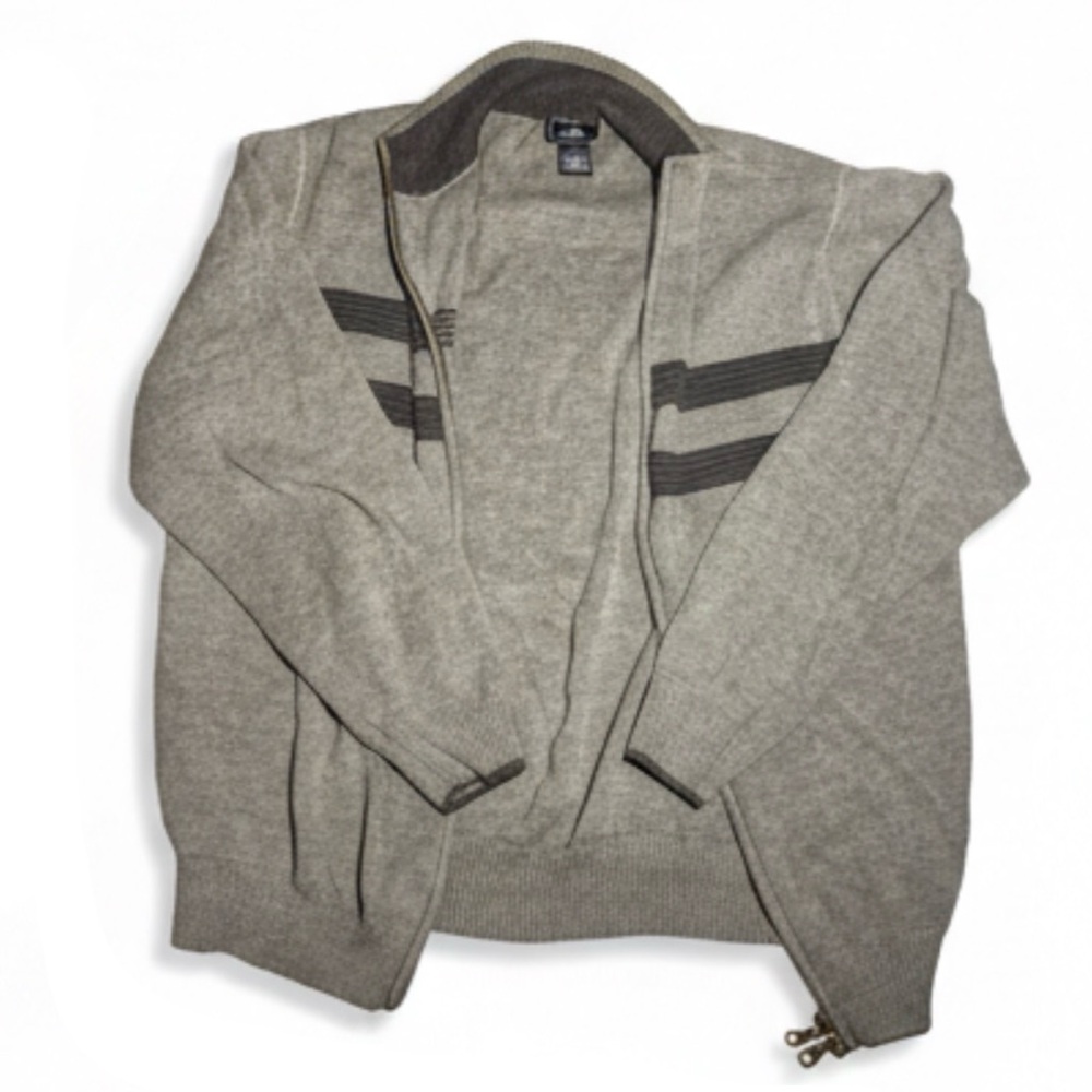 Dockers Men's Grey Zip-Up Sweater with Black Stripes